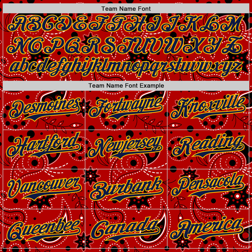 Custom Red Navy-Gold 3D Pattern Design Burner Costumes Paisley Bandana Authentic Baseball Jersey