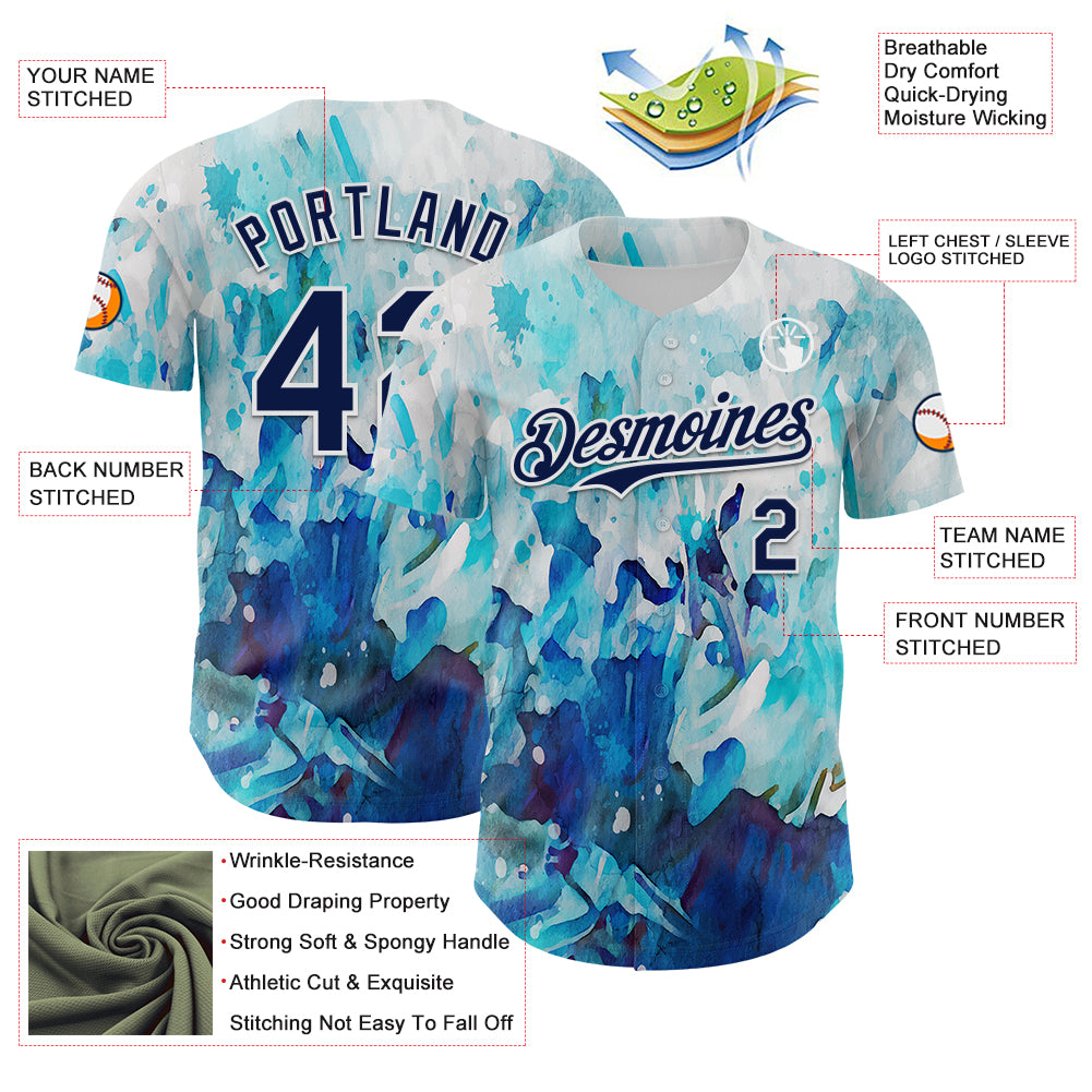 Custom White Navy 3D Pattern Design Burner Costumes Watercolor Paint Authentic Baseball Jersey