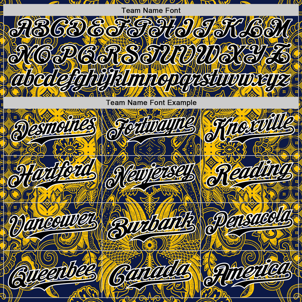 Custom Navy Black Yellow-White 3D Pattern Design Burner Costumes Paisley Authentic Baseball Jersey