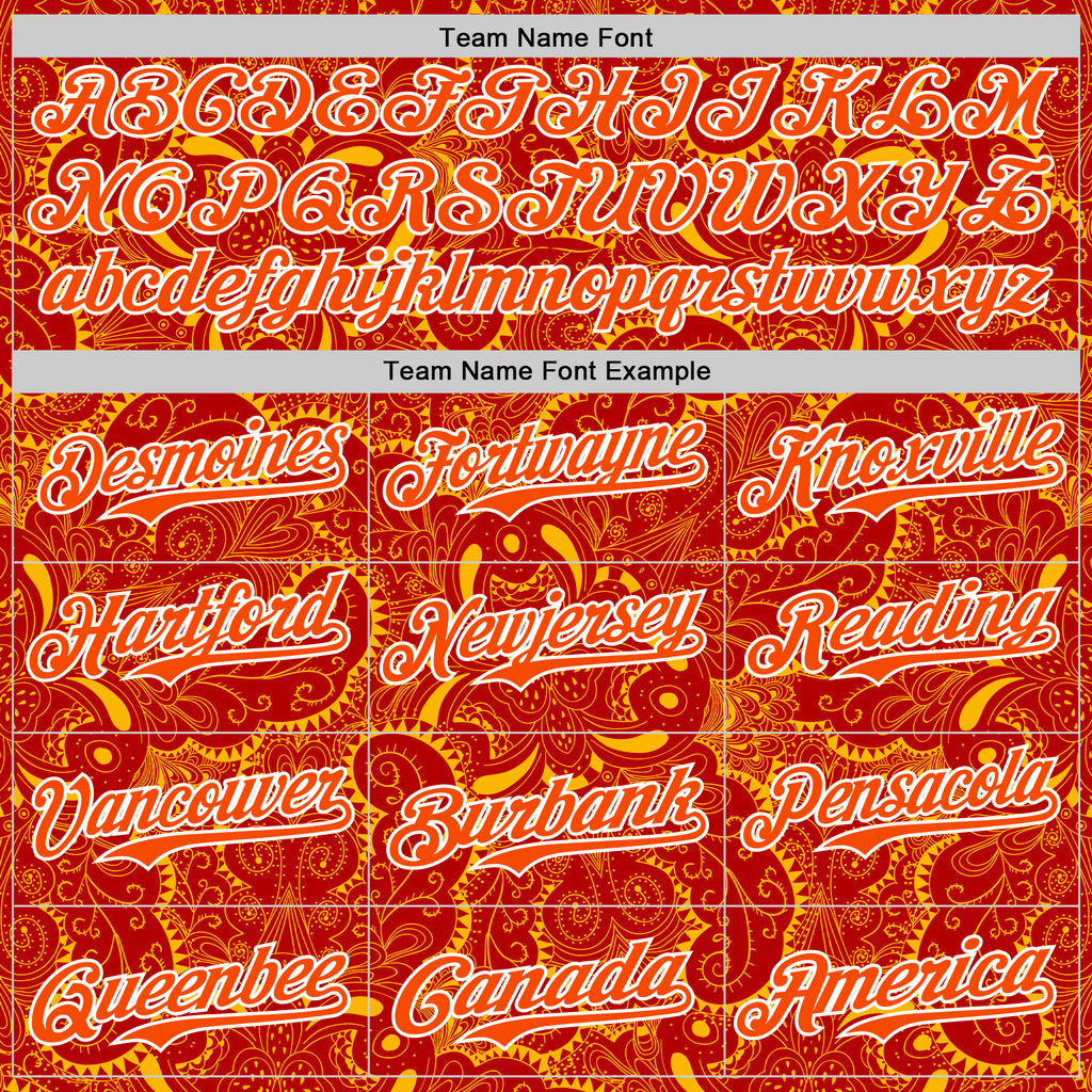 Custom Red Orange Gold-White 3D Pattern Design Burner Costumes Paisley Authentic Baseball Jersey