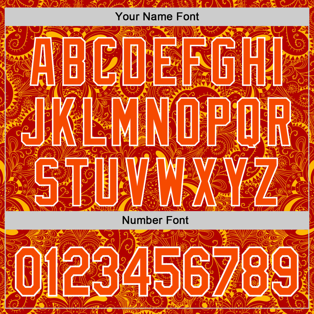 Custom Red Orange Gold-White 3D Pattern Design Burner Costumes Paisley Authentic Baseball Jersey