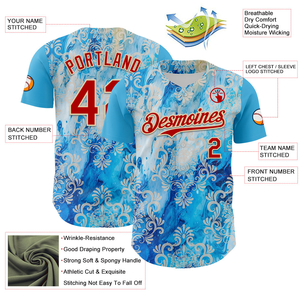Custom Sky Blue Red-Cream 3D Pattern Design Burner Costumes Paisley Bandana Authentic Baseball Jersey