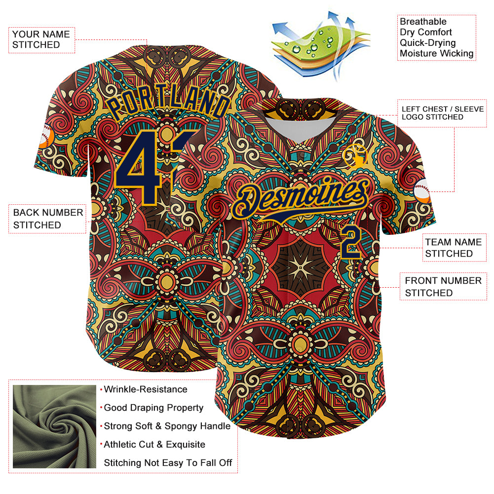 Custom Red Navy-Gold 3D Pattern Design Burner Costumes Exotic Authentic Baseball Jersey