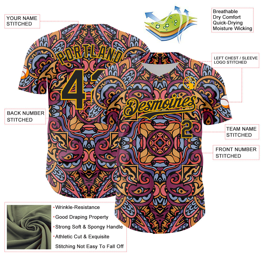 Custom Purple Black-Gold 3D Pattern Design Burner Costumes Exotic Authentic Baseball Jersey