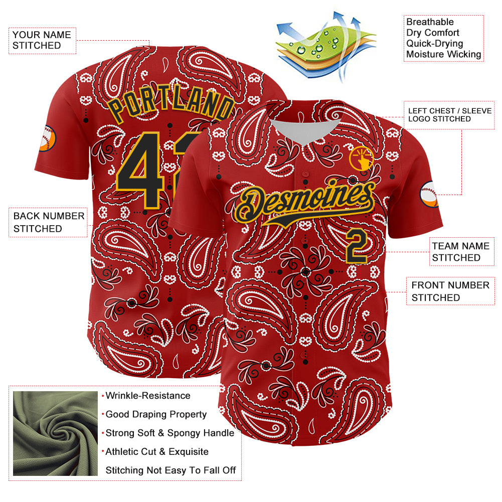 Custom Red Black-Gold 3D Pattern Design Rave Party Paisley Bandana Authentic Baseball Jersey