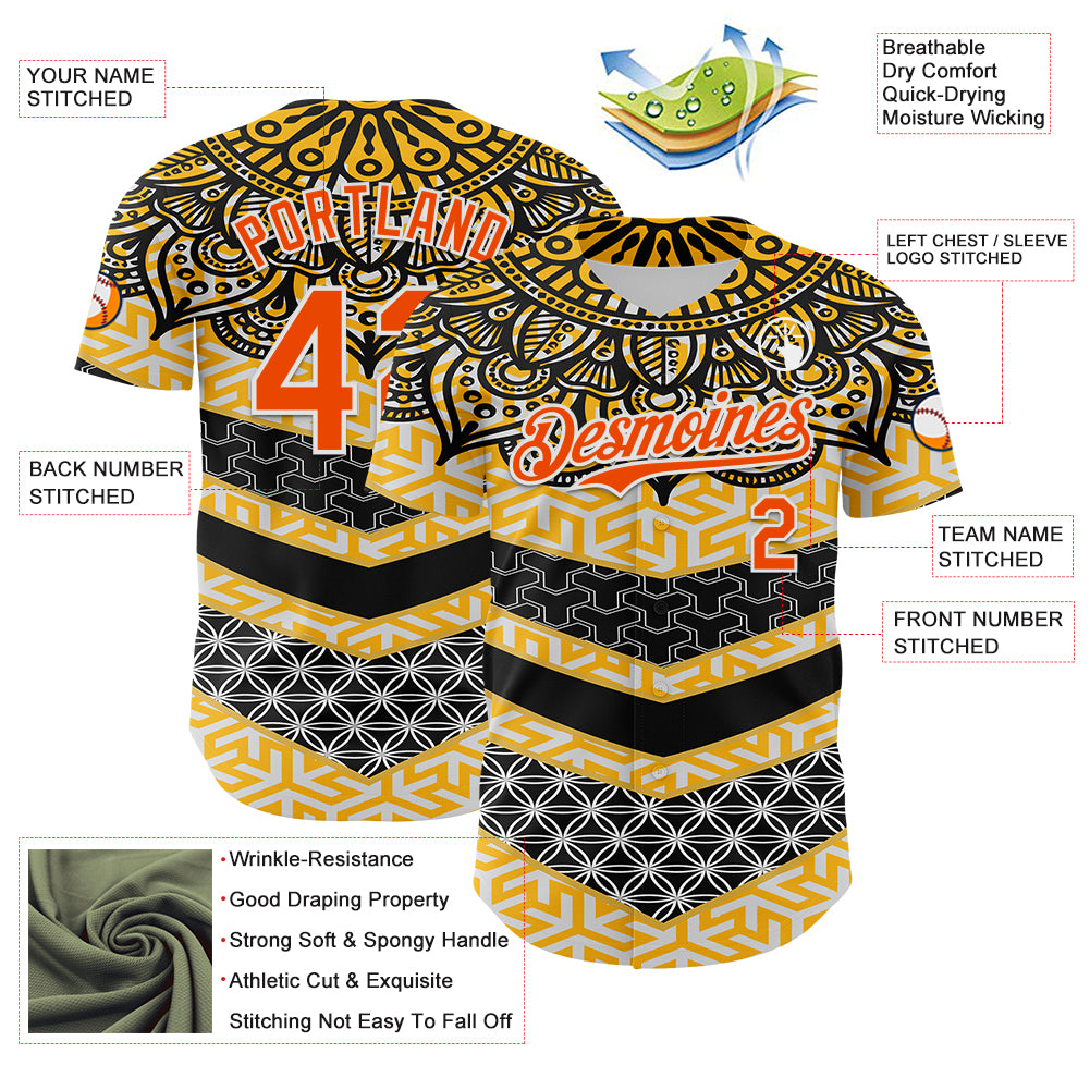 Custom Yellow Orange Black-White 3D Pattern Design Burner Costumes Tribal Authentic Baseball Jersey