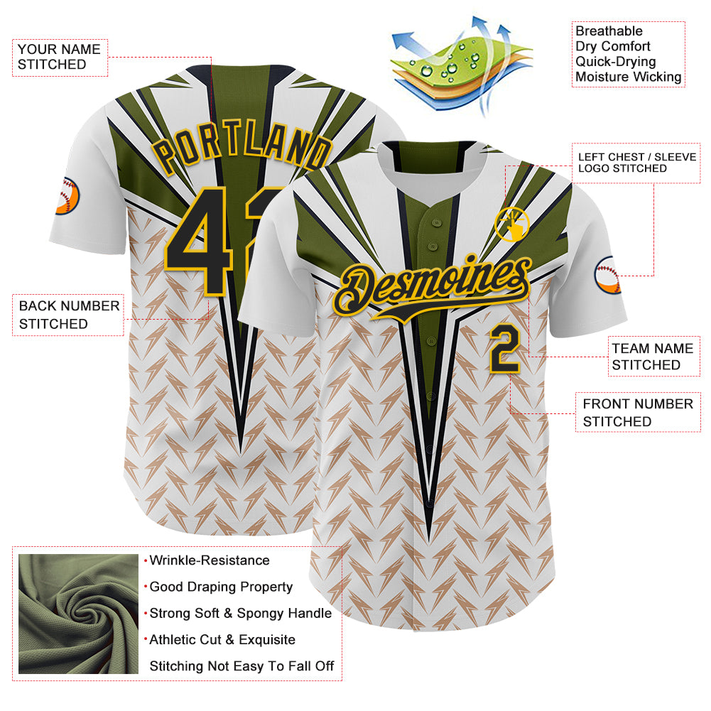 Custom White Black-Yellow 3D Pattern Design Burner Costumes Lightning Authentic Baseball Jersey