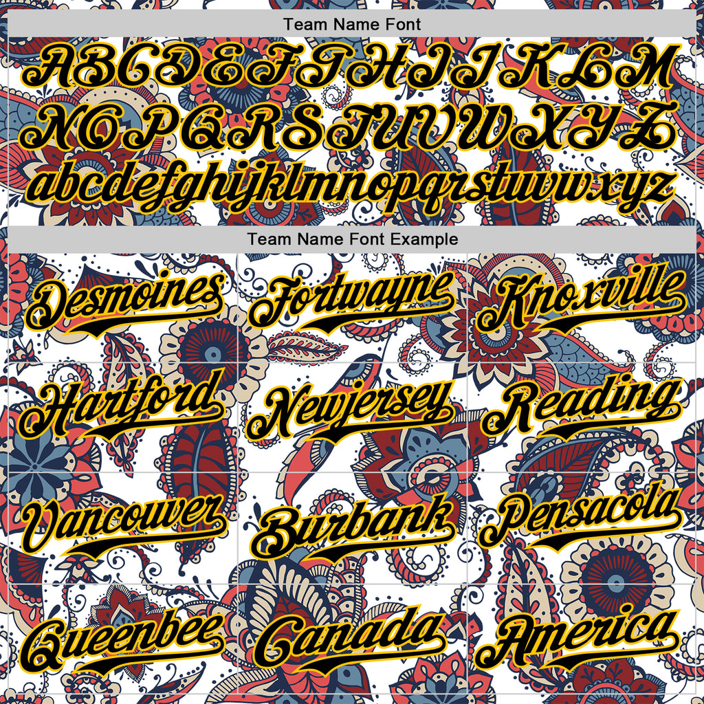 Custom White Black-Yellow 3D Pattern Design Burner Costumes Paisley Bandana Authentic Baseball Jersey