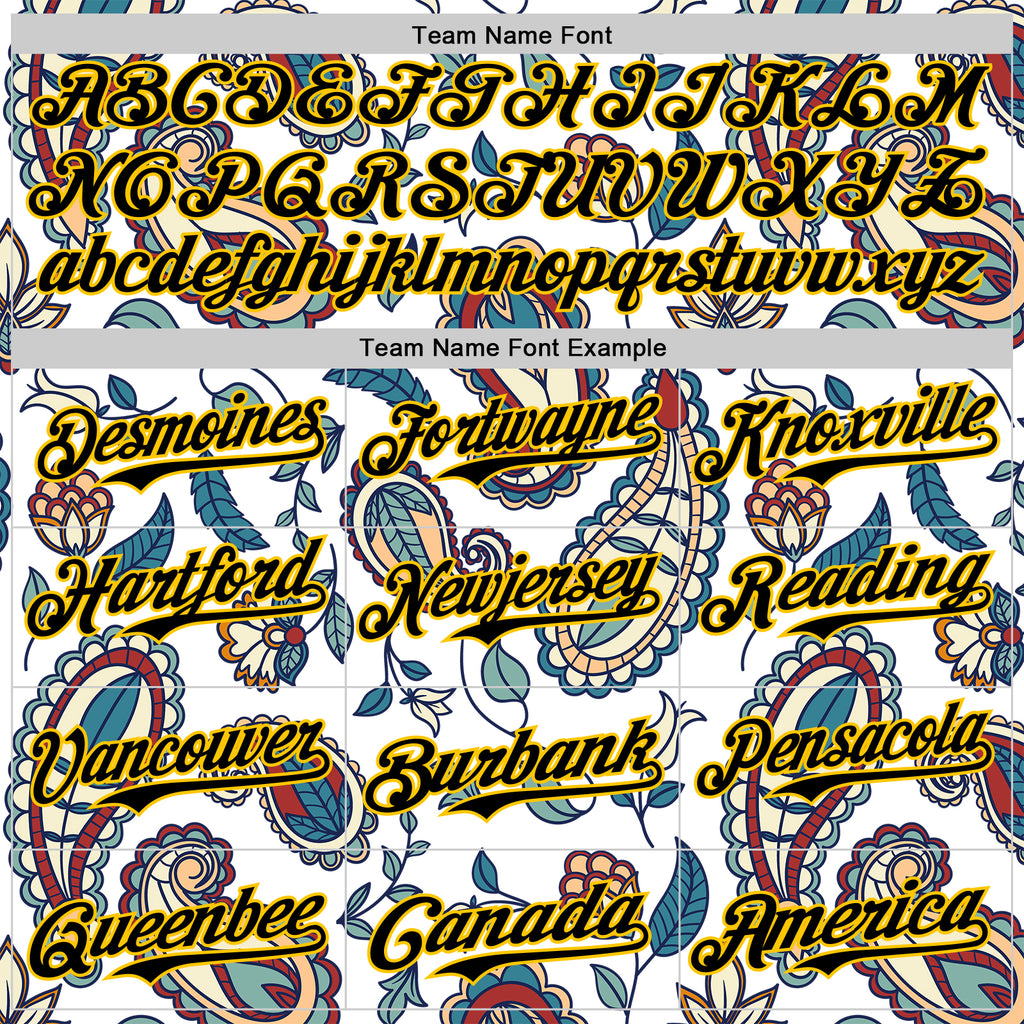 Custom White Black-Yellow 3D Pattern Design Burner Costumes Paisley Bandana Authentic Baseball Jersey