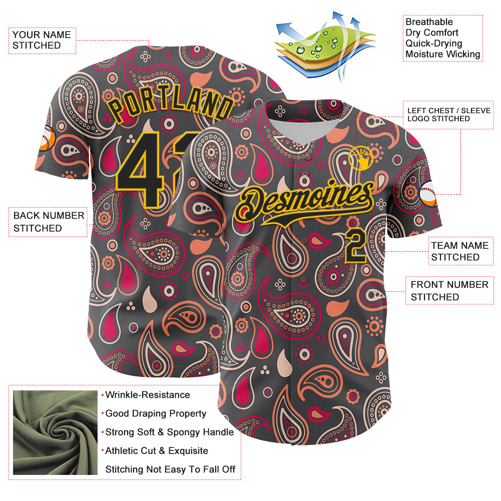 Custom Steel Gray Black-Yellow 3D Pattern Design Burner Costumes Paisley Bandana Authentic Baseball Jersey