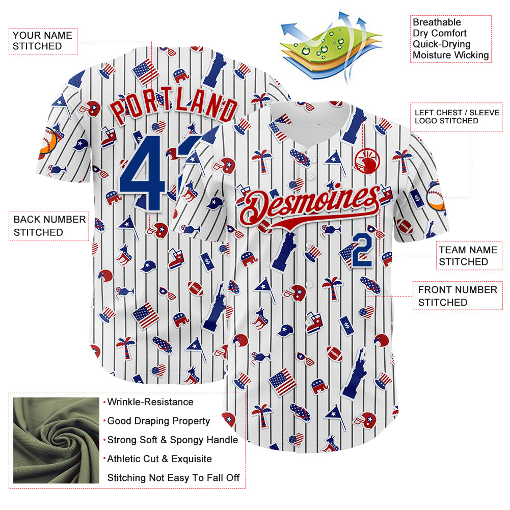 Custom White Black Pinstripe Royal-Red 3D American Flag National Symbols Authentic Baseball Jersey