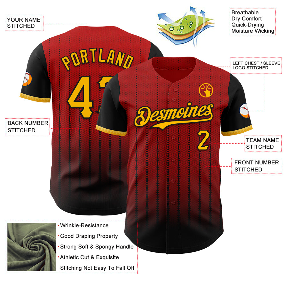 Custom Red Gold-Black 3D Pattern Design Gradient Geometric Shape Authentic Baseball Jersey
