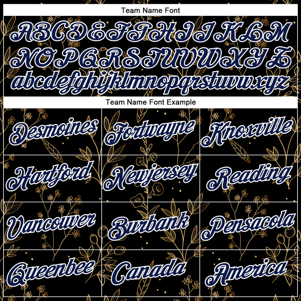 Custom Stitched Black Navy-White 3D Pattern Design Golden Subtle Floral Sports Pullover Sweatshirt Hoodie