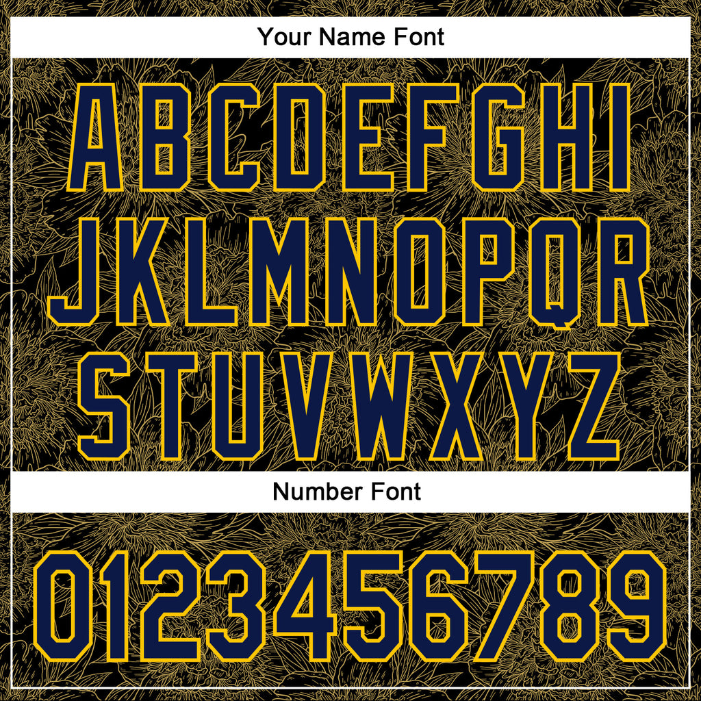 Custom Stitched Black Navy-Yellow 3D Pattern Design Golden Subtle Floral Sports Pullover Sweatshirt Hoodie