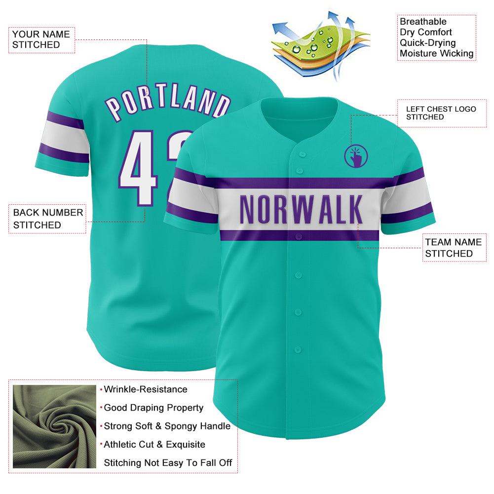 Custom Aqua White-Purple Authentic Baseball Jersey