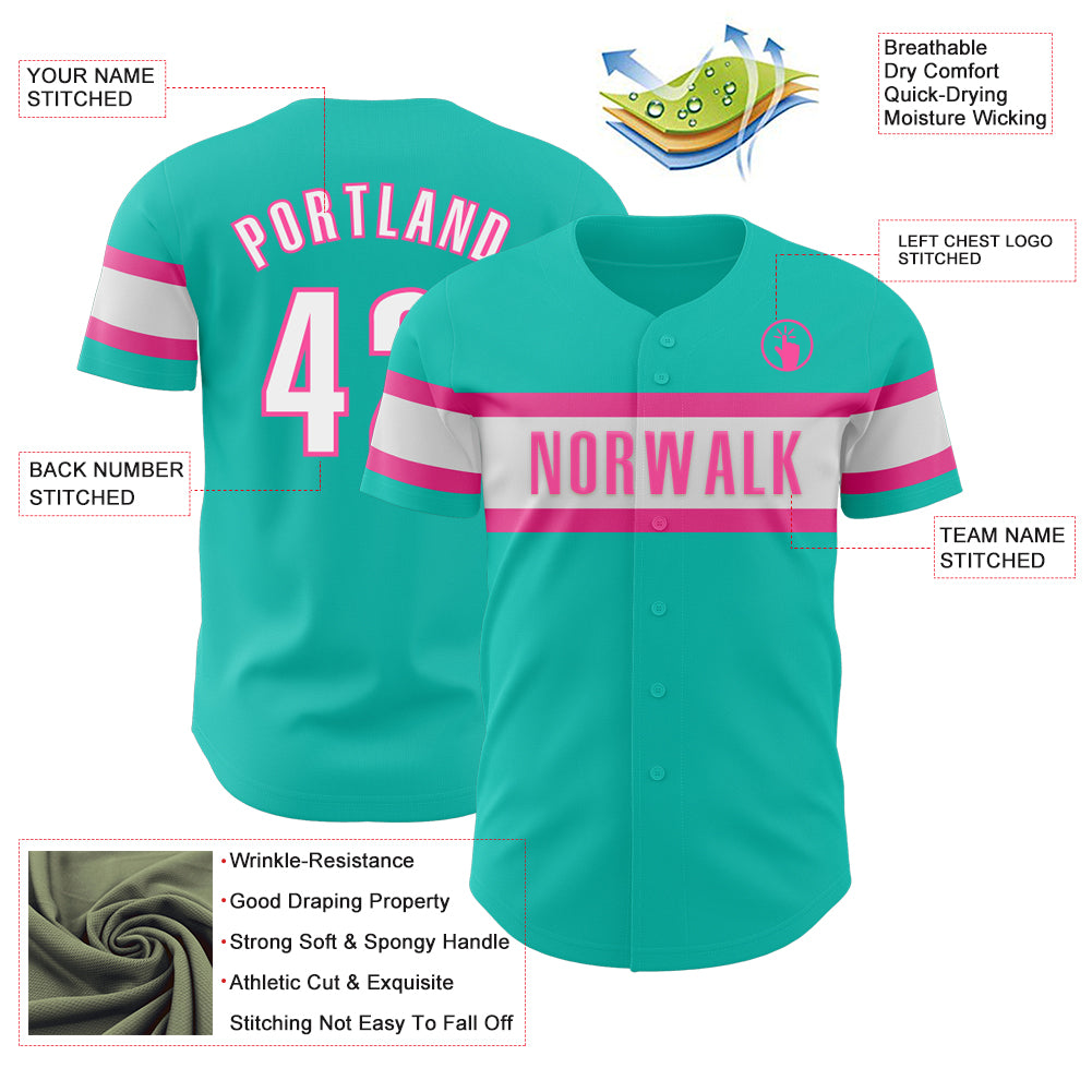 Custom Aqua White-Pink Authentic Baseball Jersey