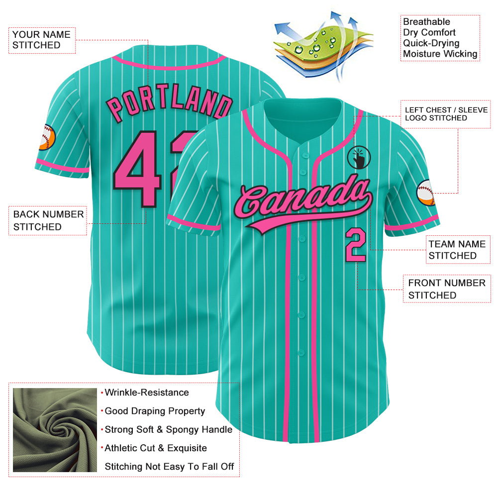 Custom Aqua White Pinstripe Pink-Black Authentic Baseball Jersey