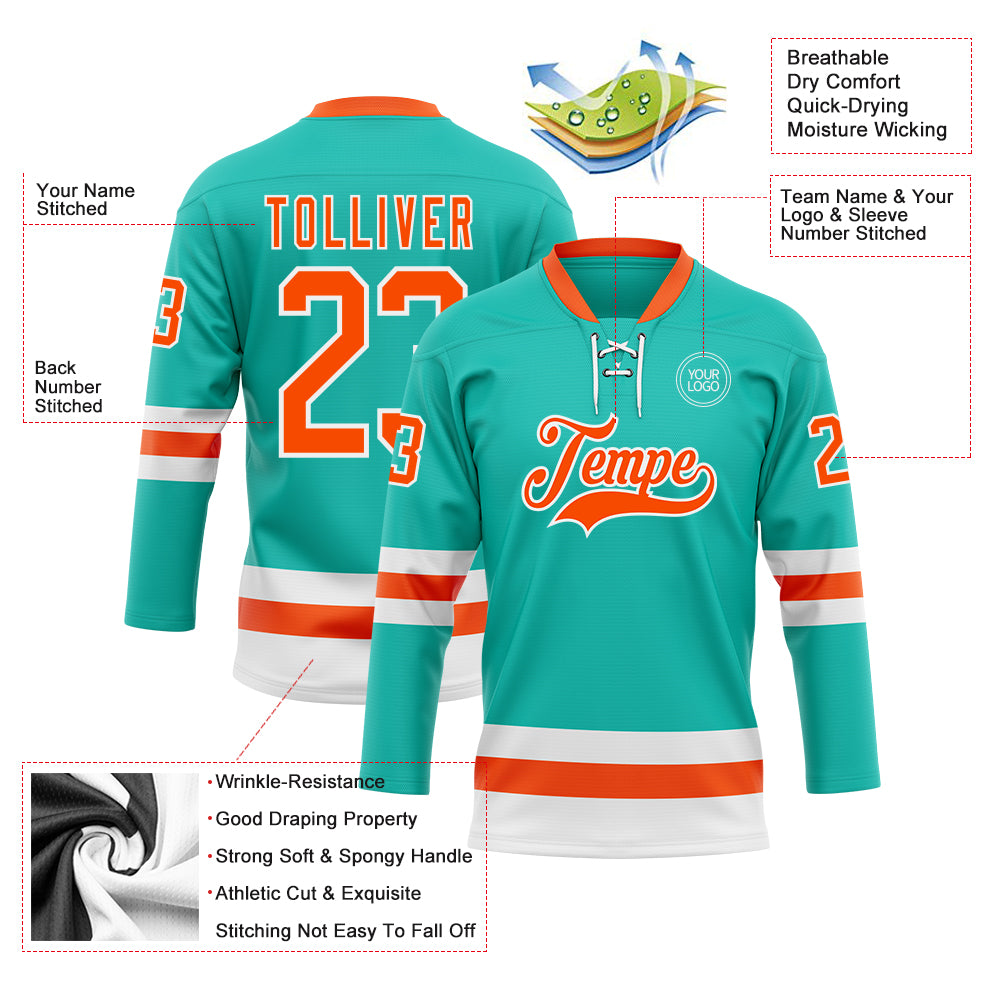 Custom Aqua Orange-White Hockey Lace Neck Jersey