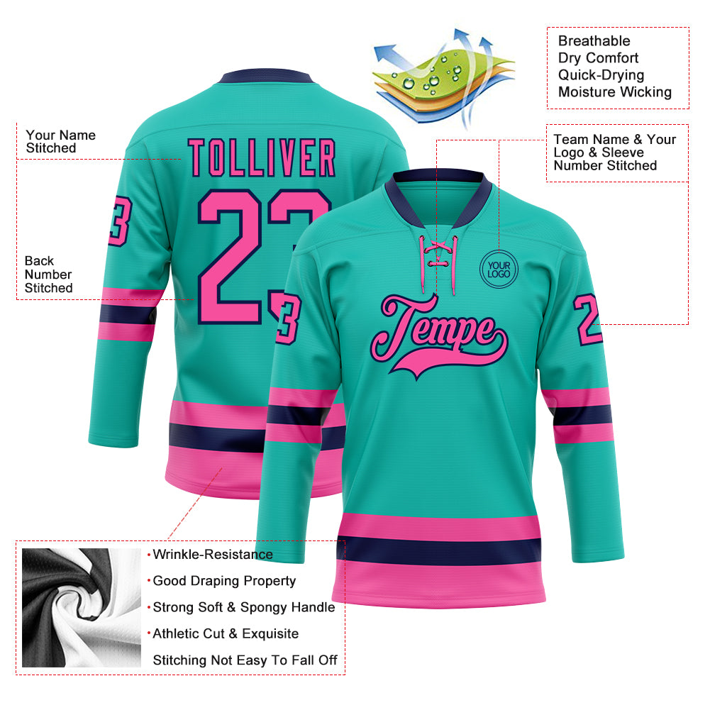 Custom Aqua Pink-Navy Hockey Lace Neck Jersey