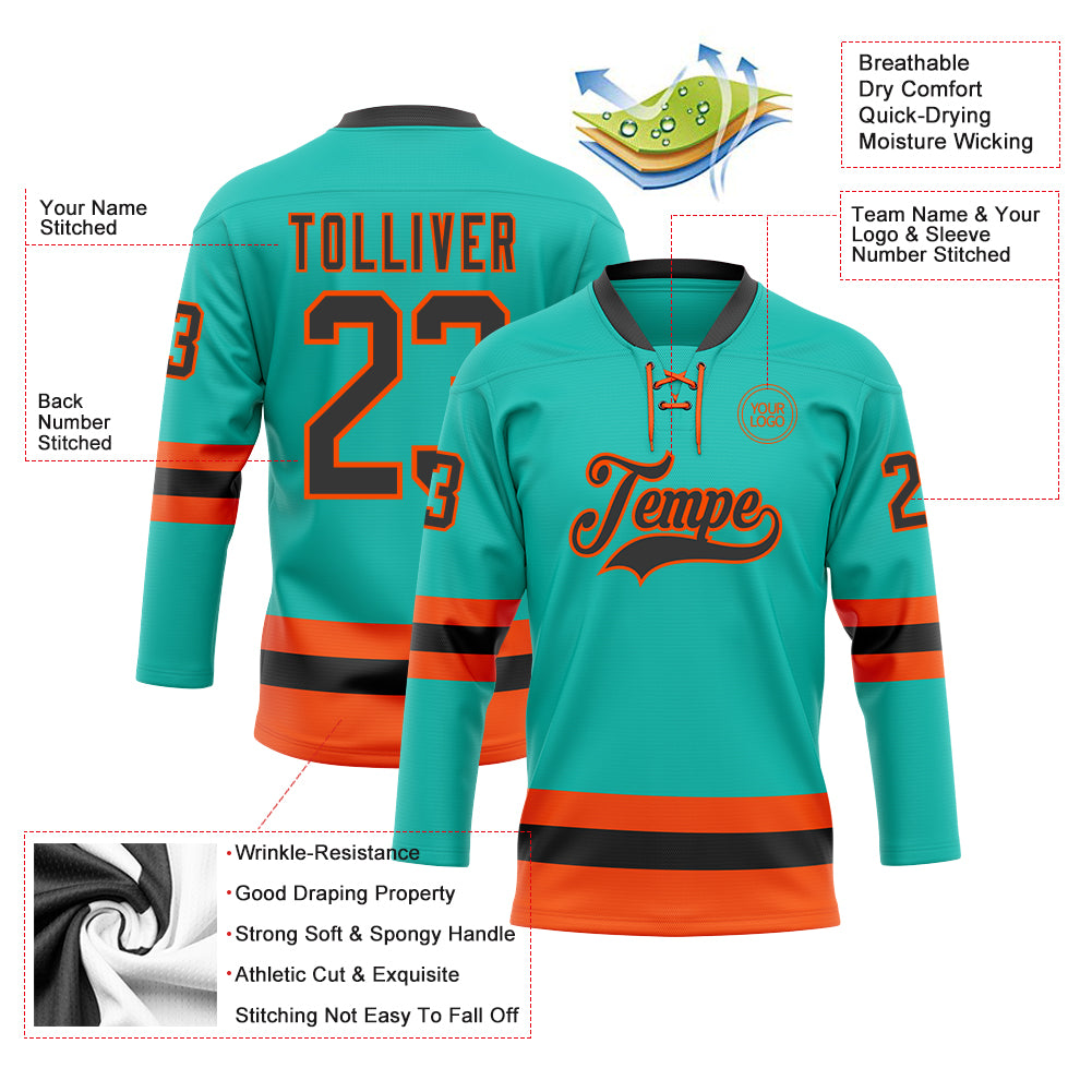 Custom Aqua Black-Orange Hockey Lace Neck Jersey