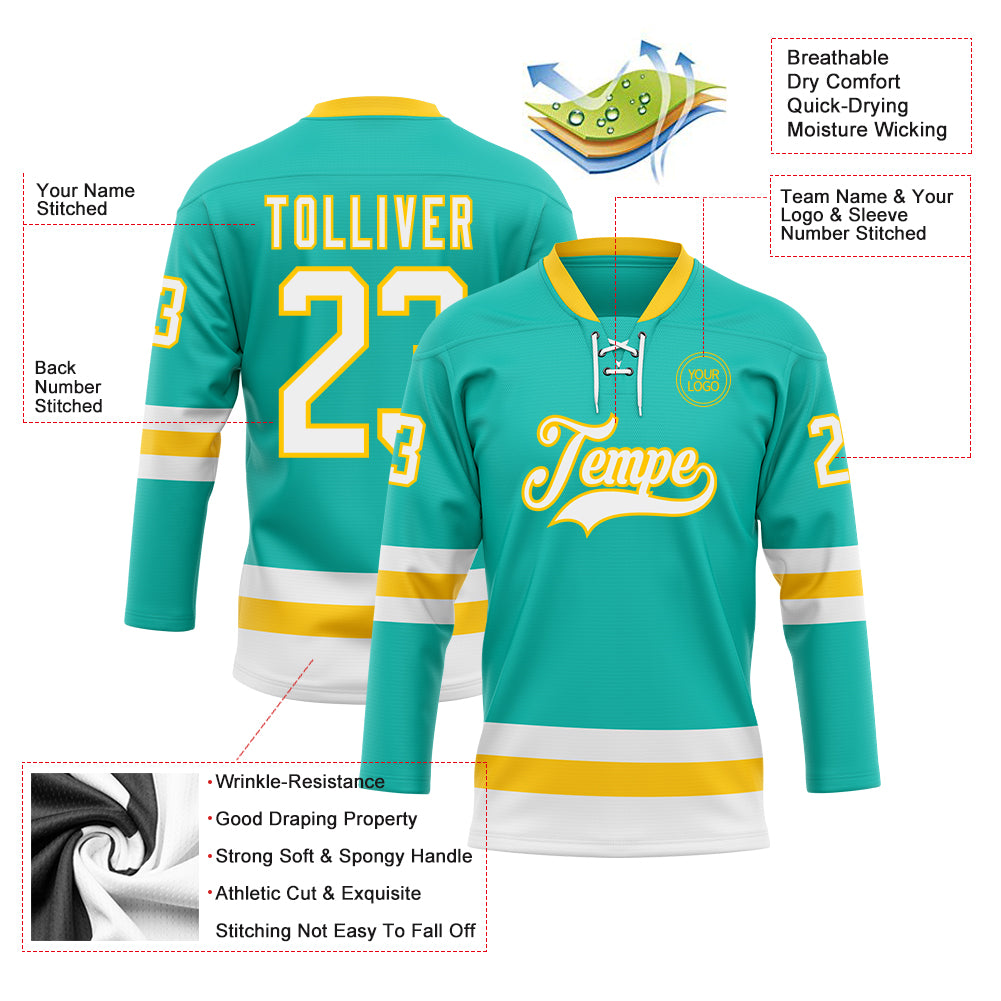 Custom Aqua White-Yellow Hockey Lace Neck Jersey