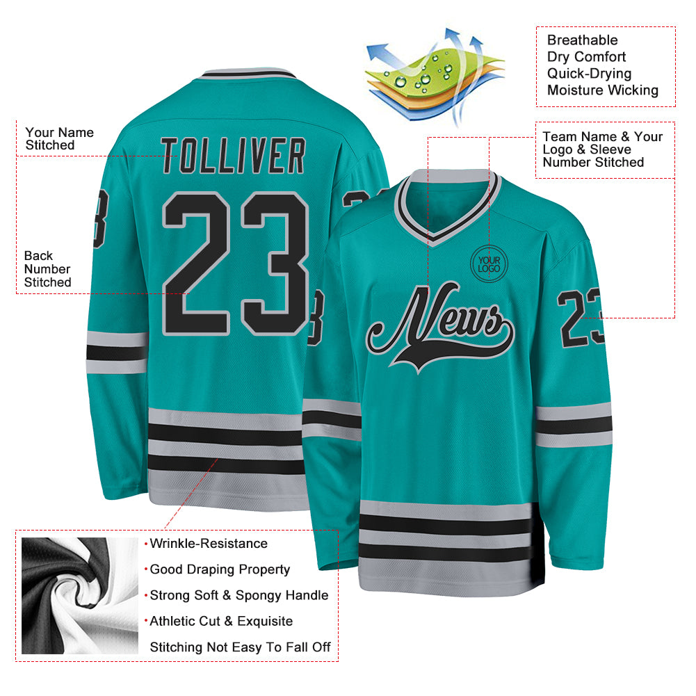 Custom Aqua Black-Gray Hockey Jersey