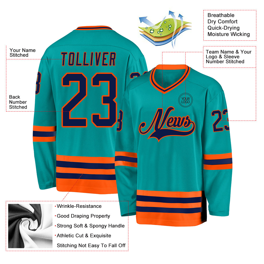 Custom Aqua Navy-Orange Hockey Jersey