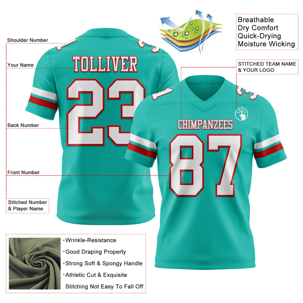 Custom Aqua White-Red Mesh Authentic Football Jersey