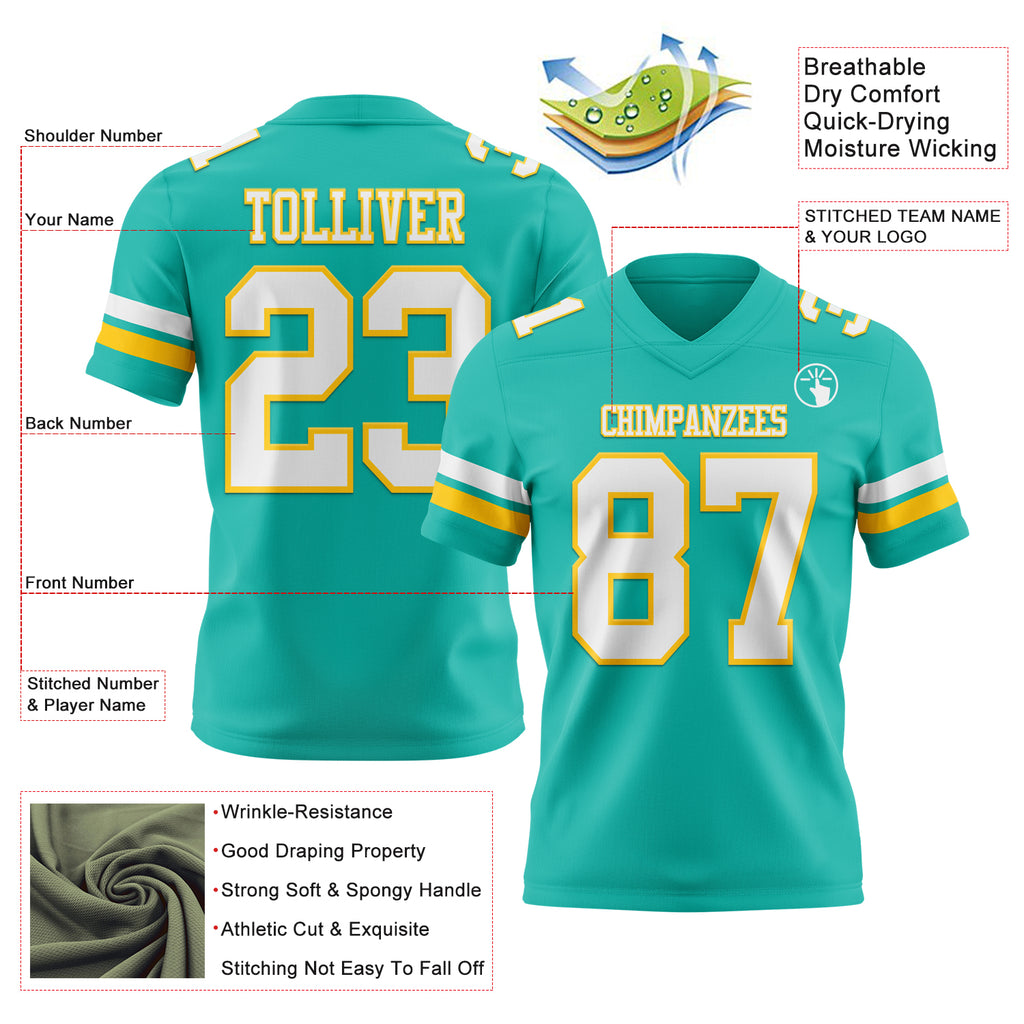 Custom Aqua White-Yellow Mesh Authentic Football Jersey