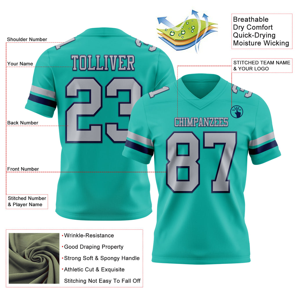 Custom Aqua Gray-Navy Mesh Authentic Football Jersey