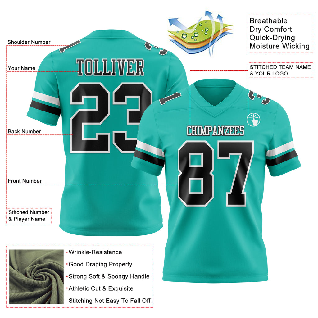 Custom Aqua Black-White Mesh Authentic Football Jersey
