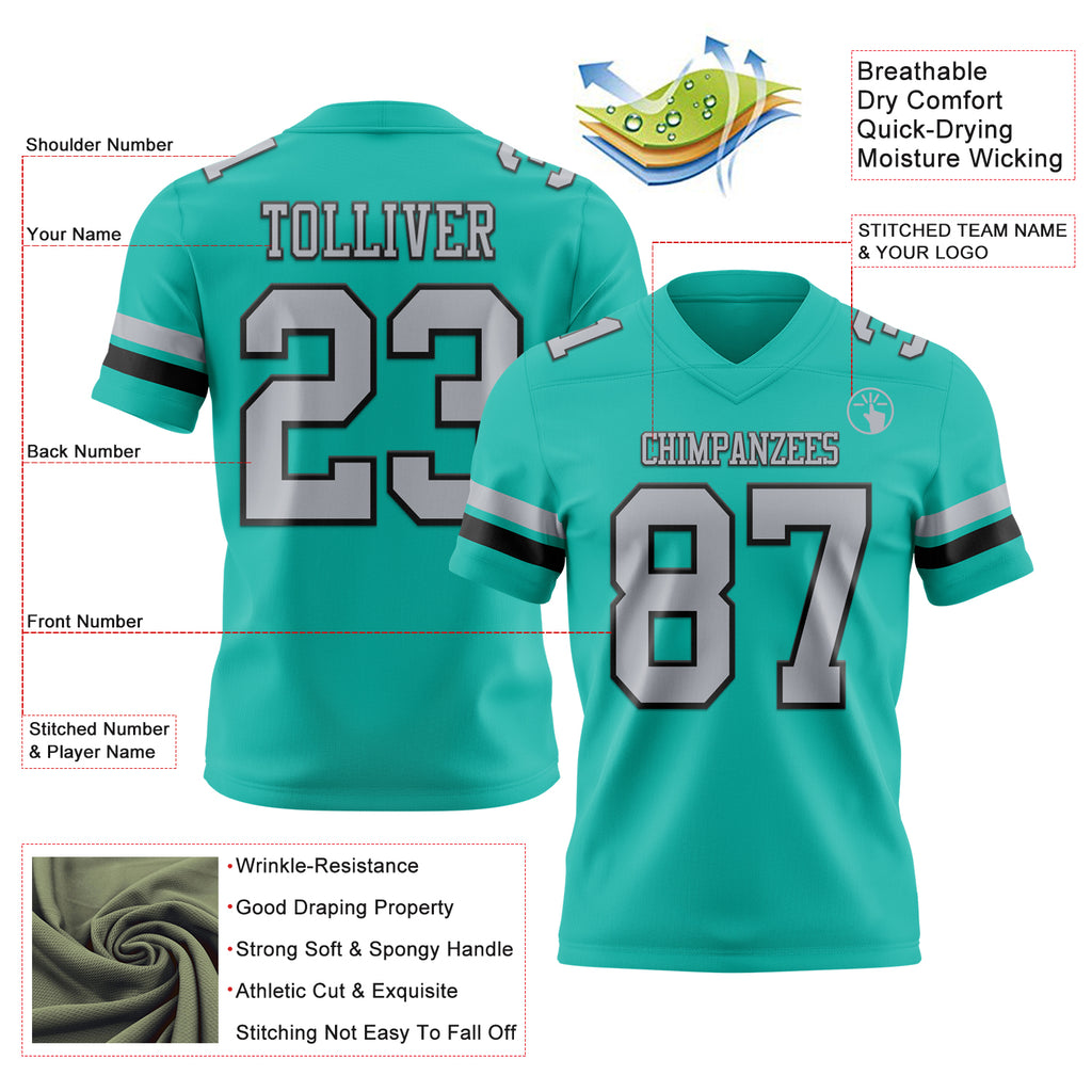 Custom Aqua Gray-Black Mesh Authentic Football Jersey
