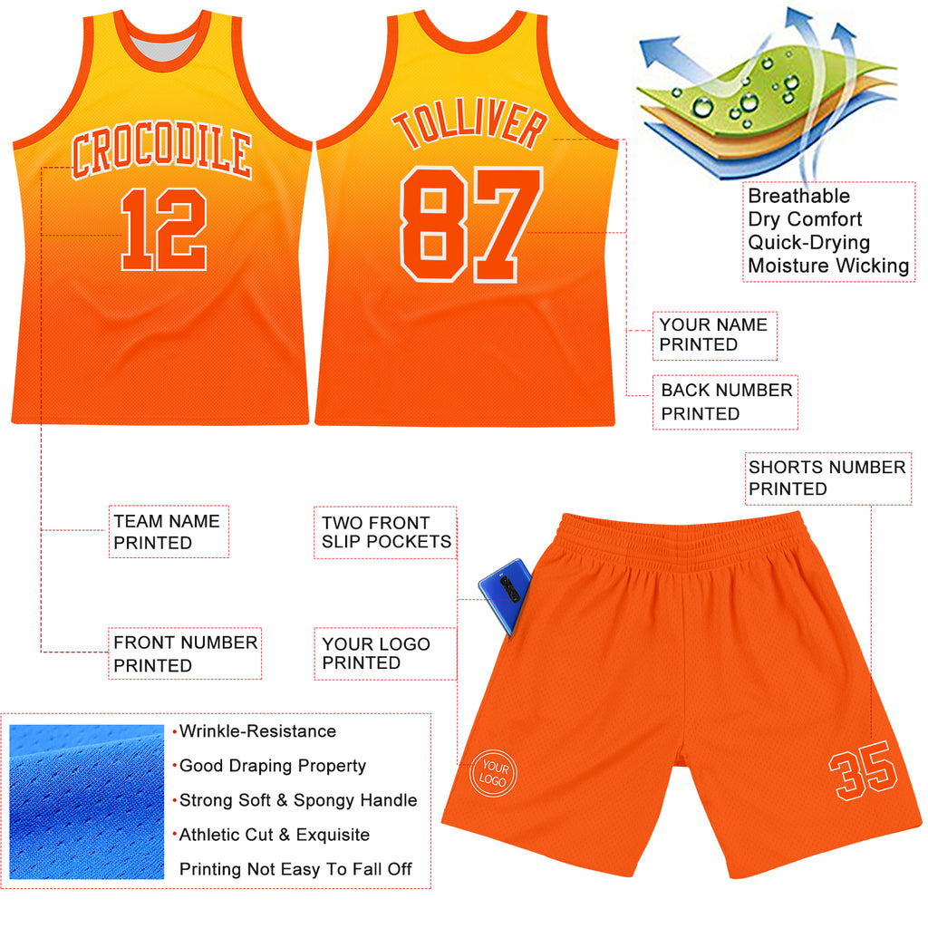 Custom Yellow Orange-White Fade Fashion Round Neck Sublimation Basketball Suit Jersey