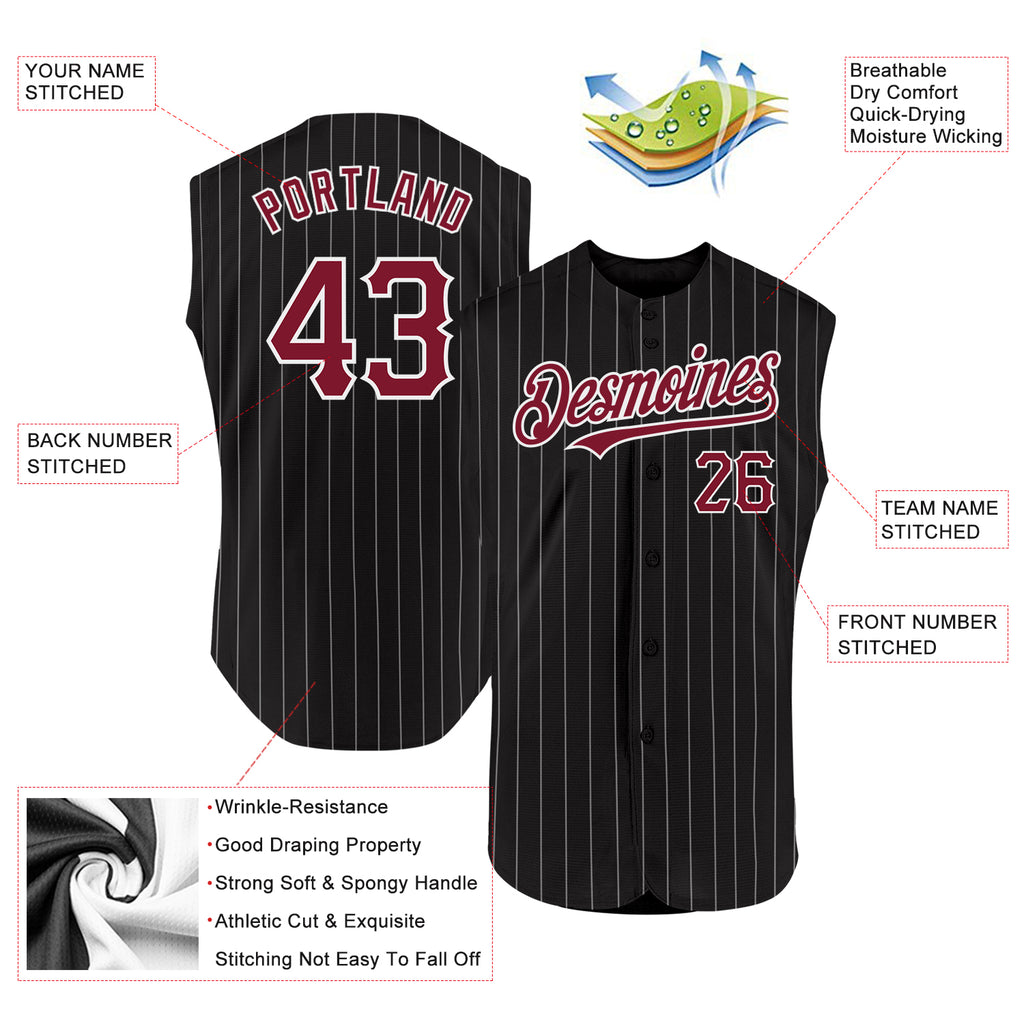 Custom Black White Pinstripe Crimson Authentic Sleeveless Baseball Jersey