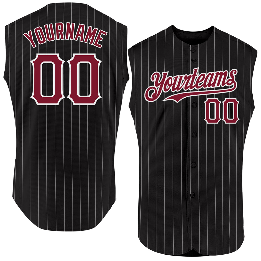 Custom Black White Pinstripe Crimson Authentic Sleeveless Baseball Jersey