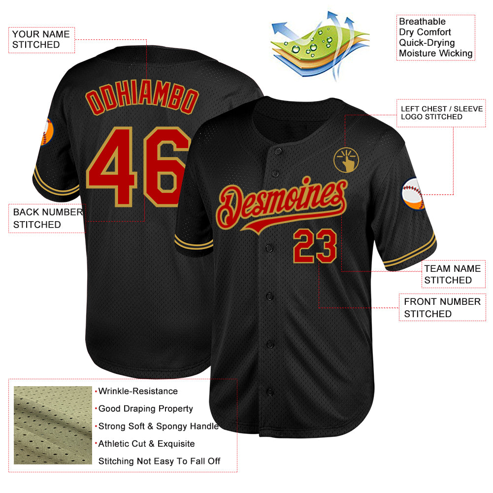 Custom Black Red-Old Gold Mesh Authentic Throwback Baseball Jersey