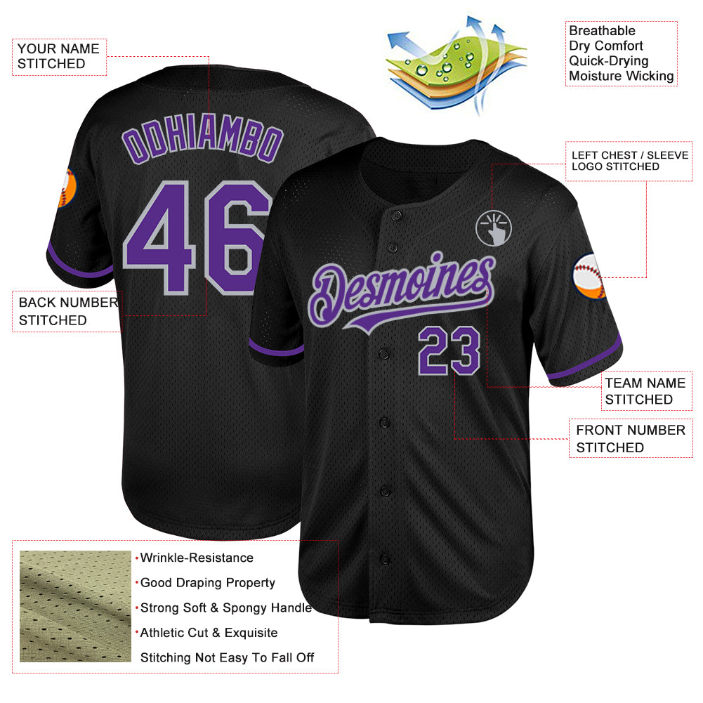 Custom Black Purple-Gray Mesh Authentic Throwback Baseball Jersey