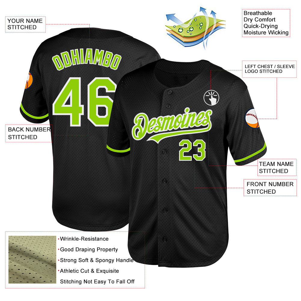 Custom Black Neon Green-White Mesh Authentic Throwback Baseball Jersey