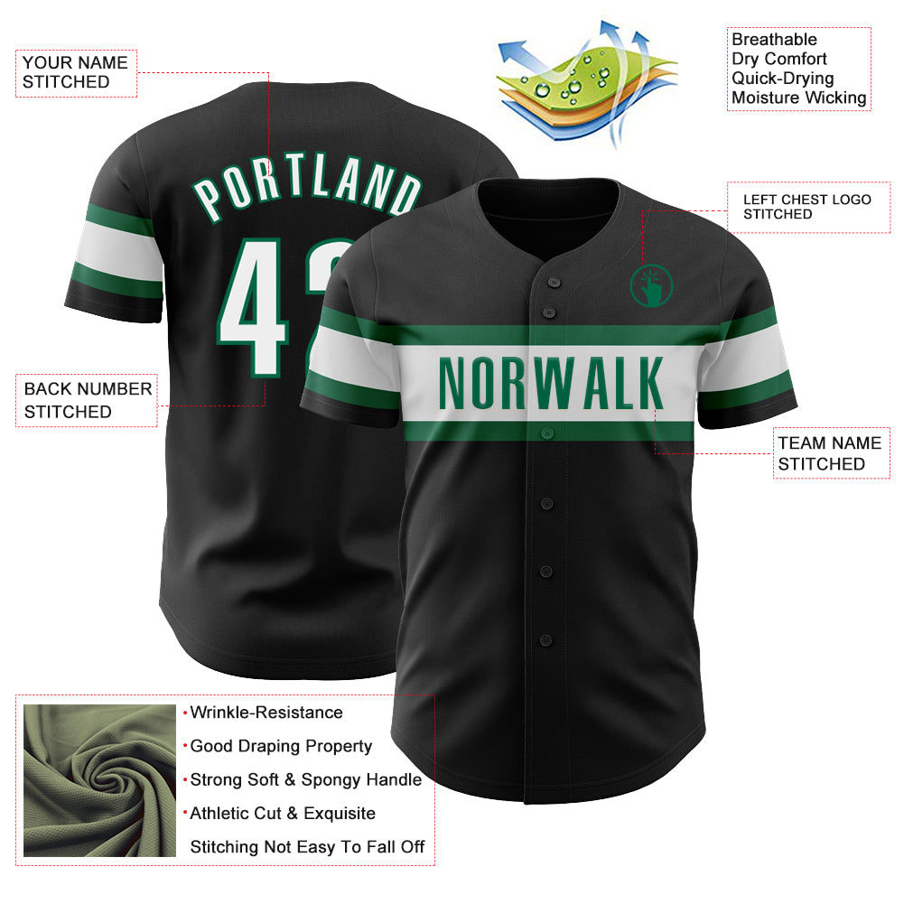 Custom Black White-Kelly Green Authentic Baseball Jersey