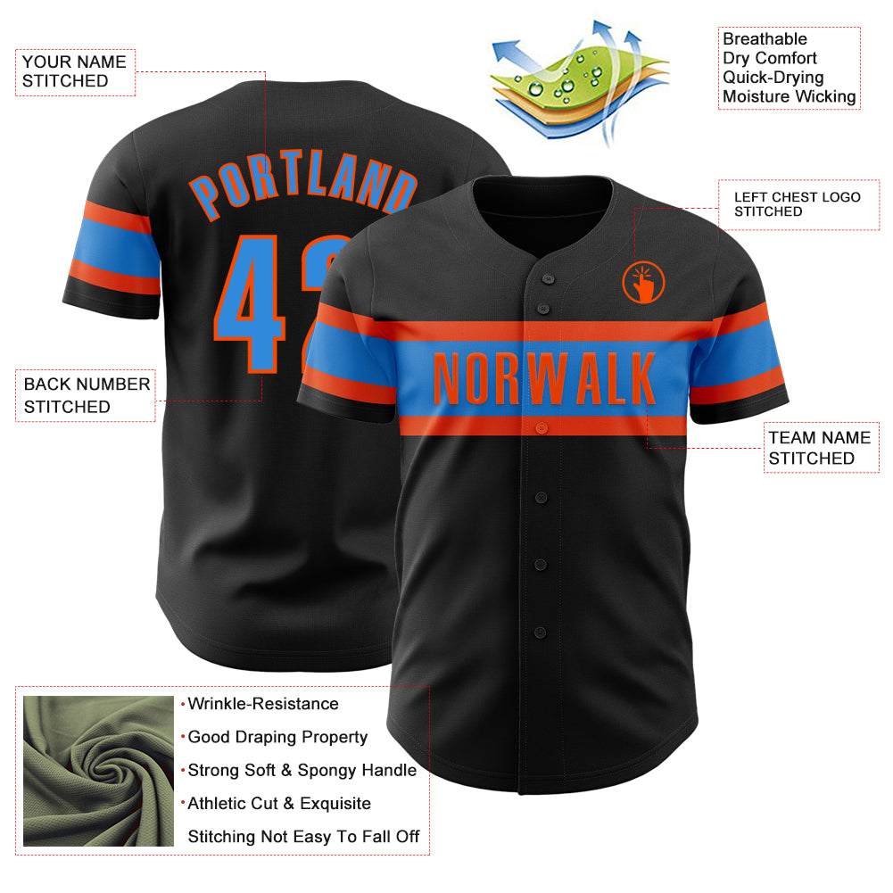 Custom Black Electric Blue-Orange Authentic Baseball Jersey