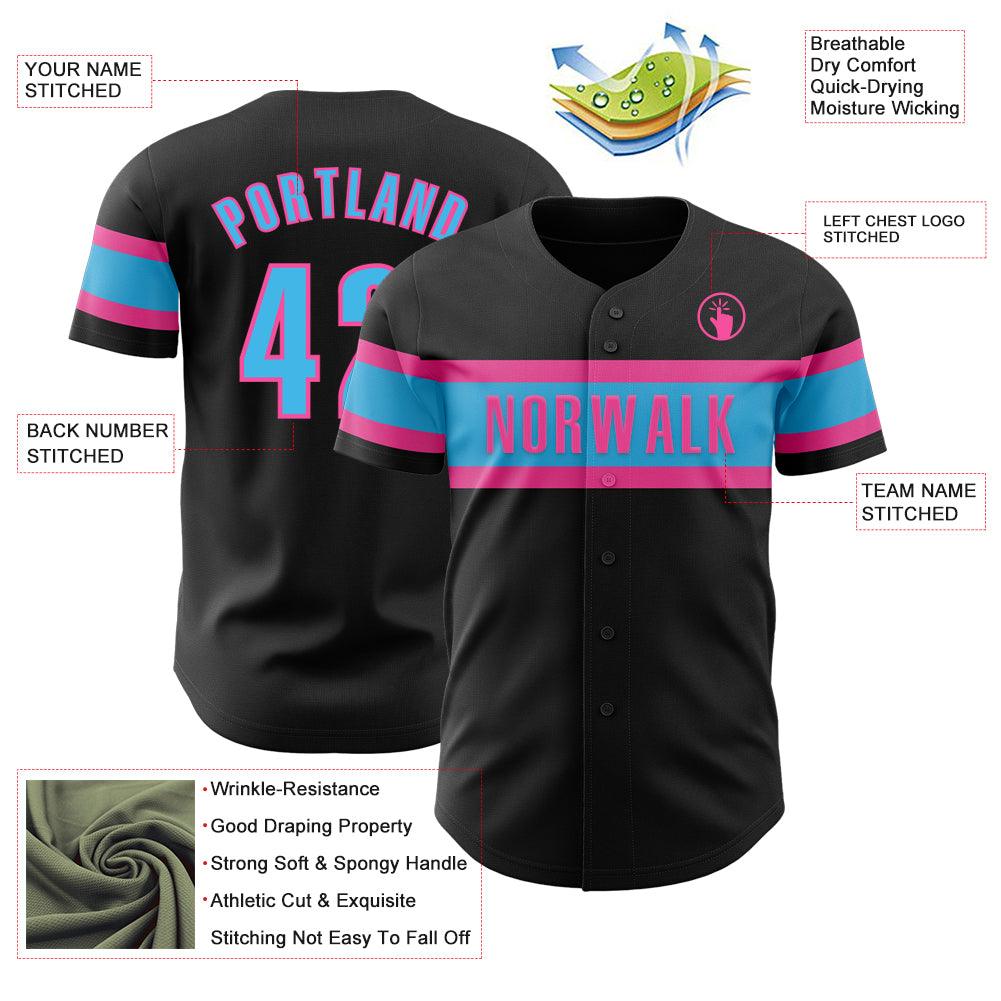 Custom Black Sky Blue-Pink Authentic Baseball Jersey