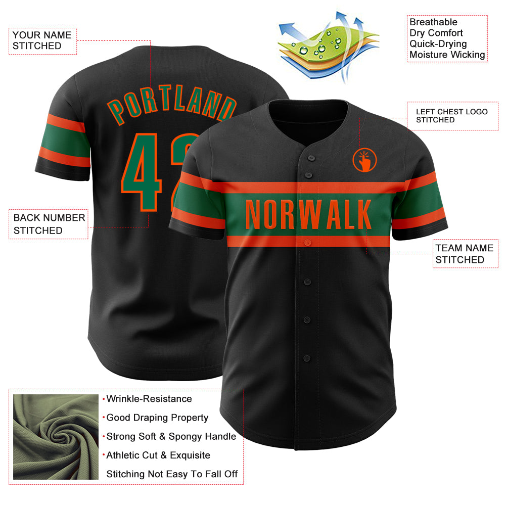 Custom Black Kelly Green-Orange Authentic Baseball Jersey