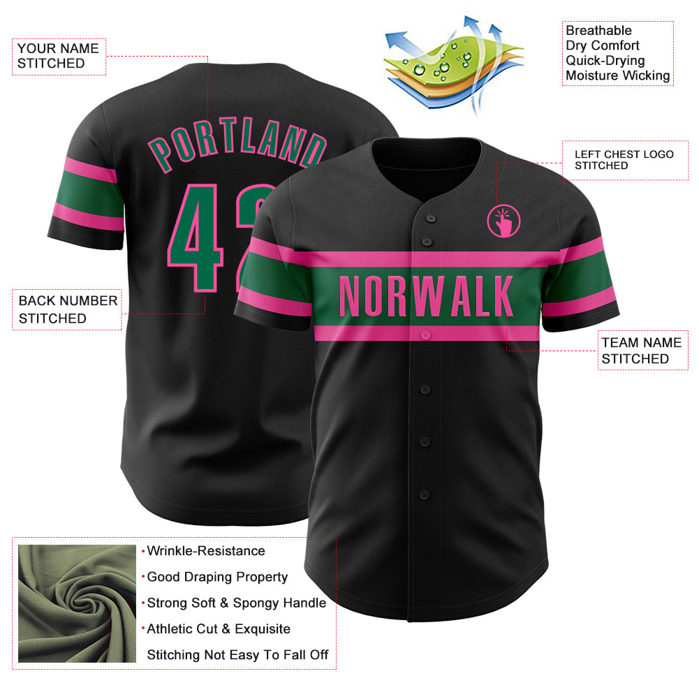 Custom Black Kelly Green-Pink Authentic Baseball Jersey