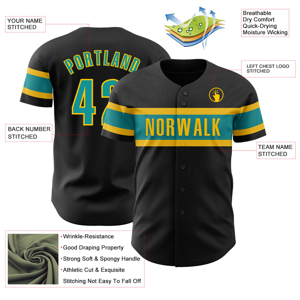 Custom Black Teal-Yellow Authentic Baseball Jersey