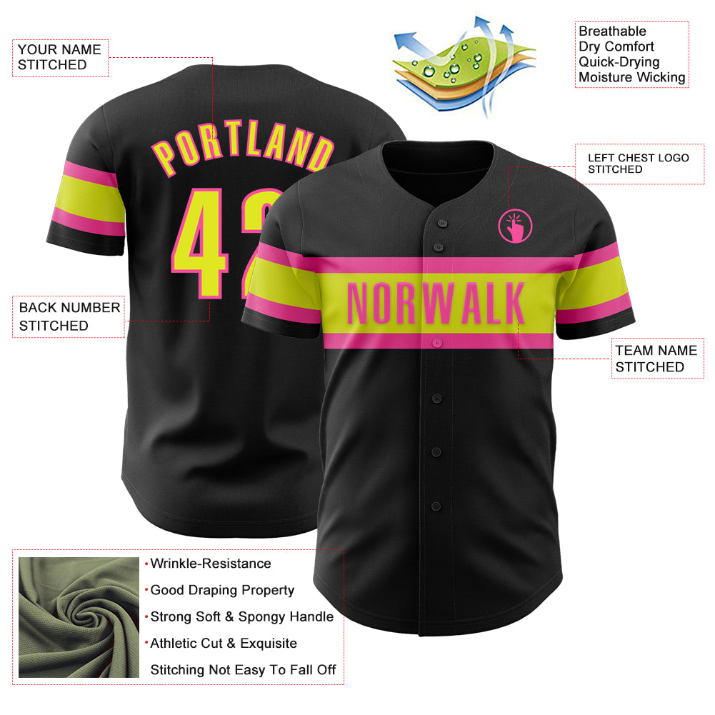 Custom Black Neon Yellow-Pink Authentic Baseball Jersey