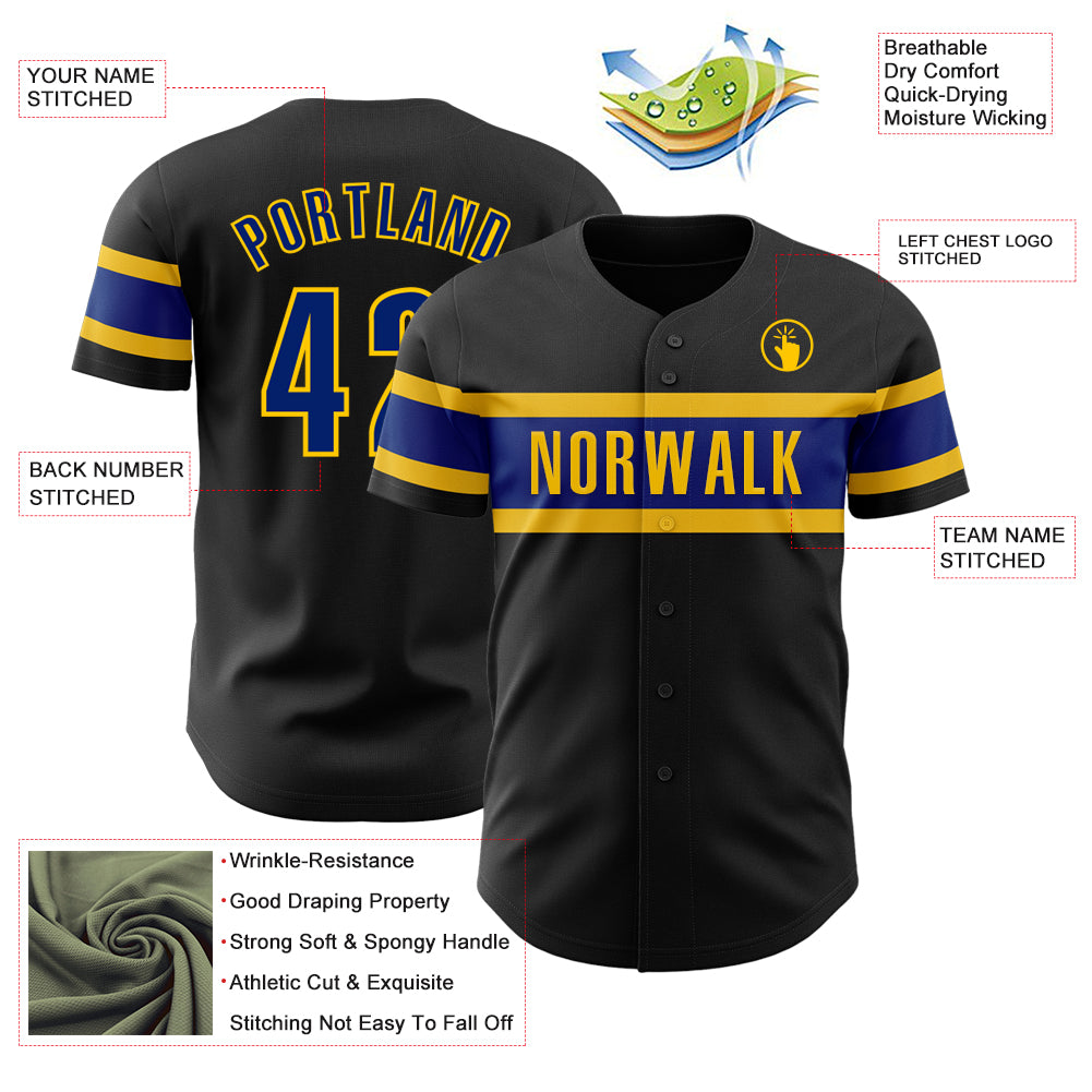 Custom Black Royal-Yellow Authentic Baseball Jersey