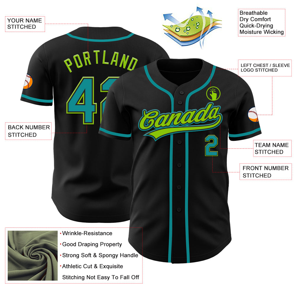 Custom Black Teal-Neon Green Authentic Baseball Jersey