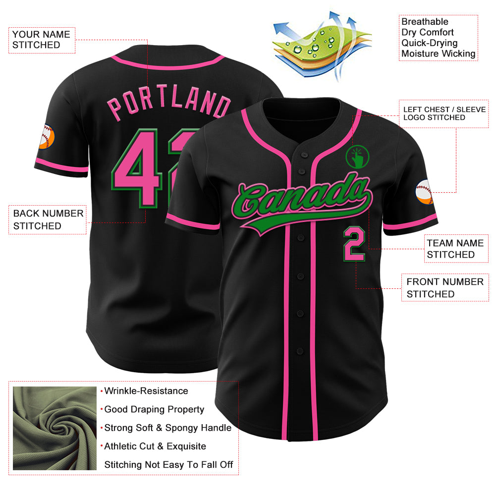 Custom Black Pink-Grass Green Authentic Baseball Jersey