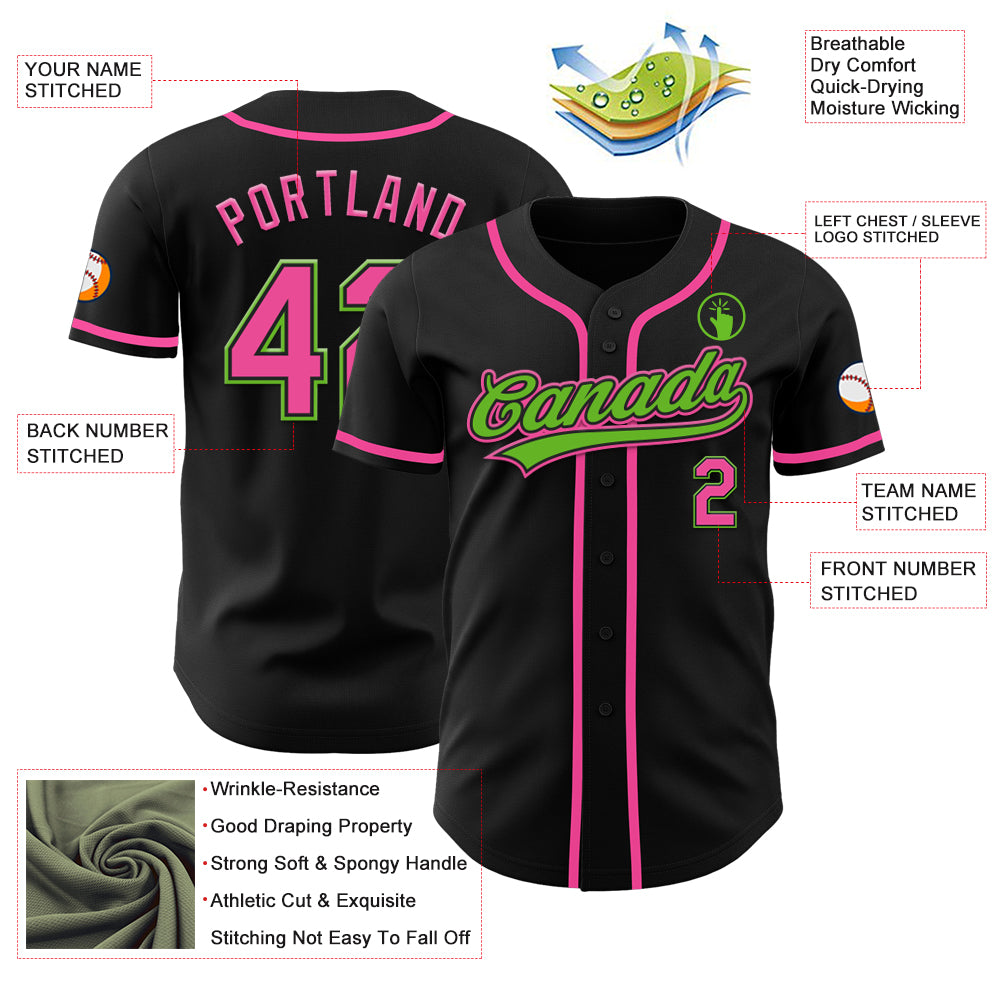 Custom Black Pink-Aurora Green Authentic Baseball Jersey
