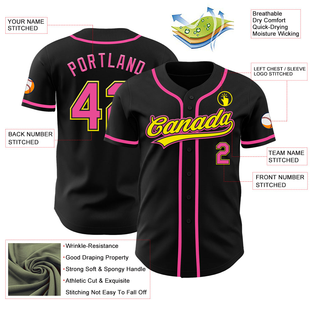 Custom Black Pink-Light Yellow Authentic Baseball Jersey